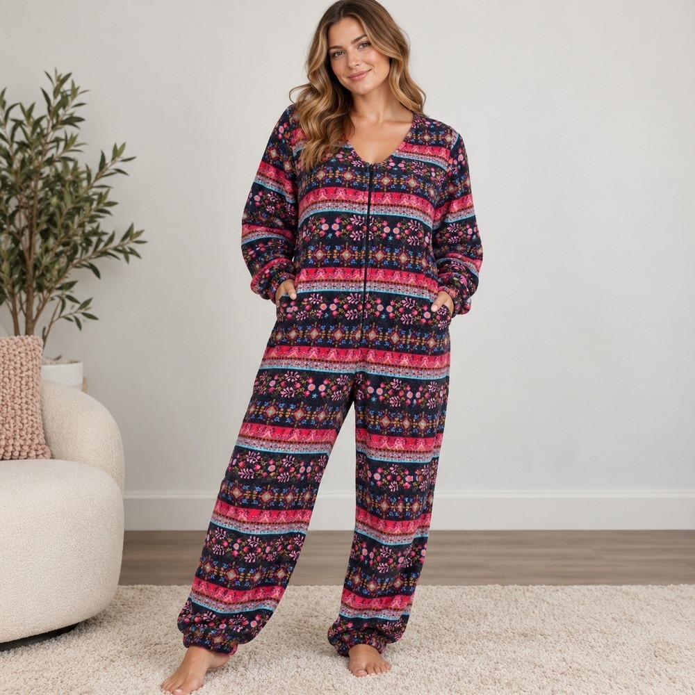 Natural Life Jumpsuit Floral Fleece Zip Front Boho Loungewear Size S